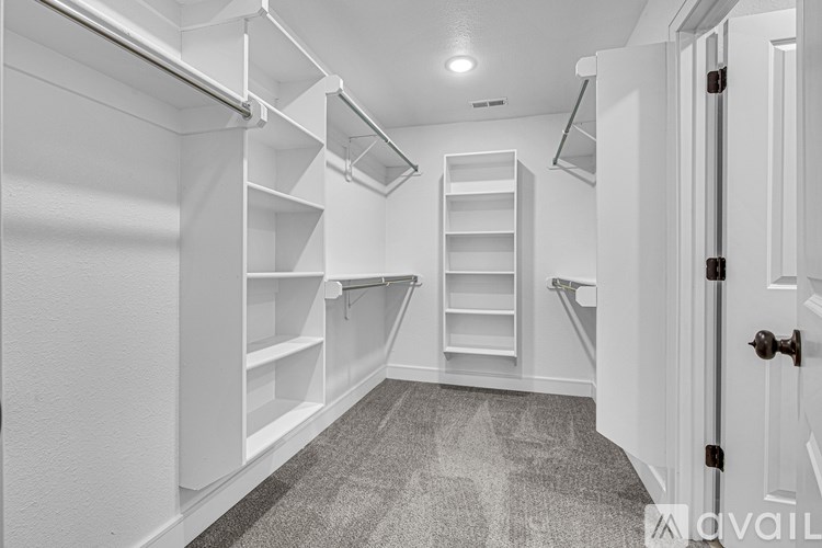 A white walk-in closet with shelves and a carpeted floor.