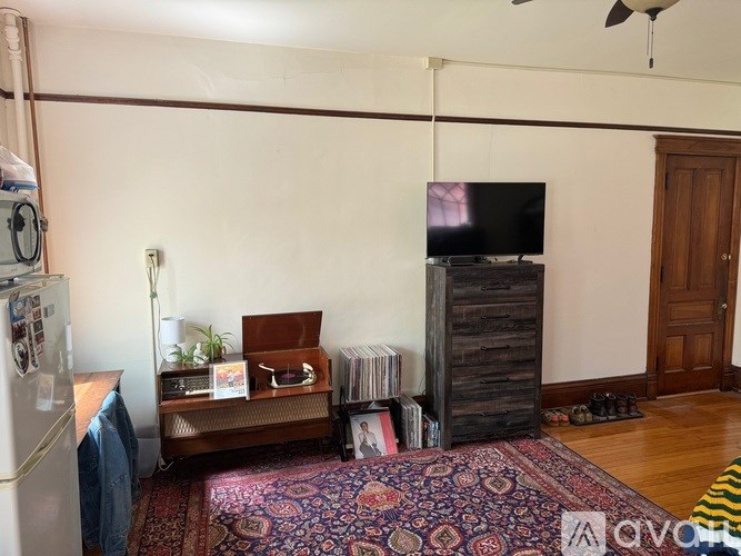A living room with a refrigerator, a sofa, a television, and a rug.