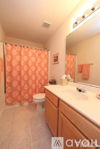 A bathroom with a toilet, sink, and orange shower curtain.