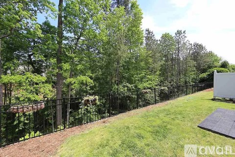 A black metal fence runs along a grassy area with trees in the background.