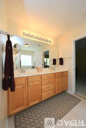 A bathroom with a vanity and a mirror.