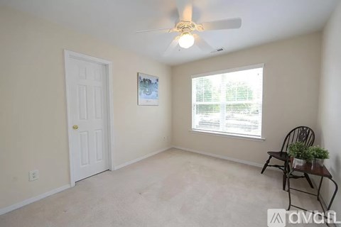 A room with a ceiling fan, a chair, and a small table with a plant on it.