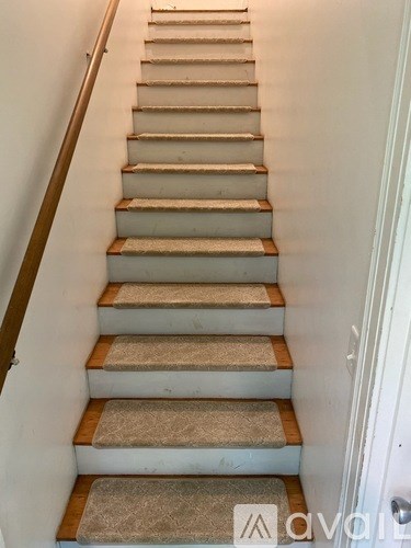 A set of stairs with beige carpeted treads and white risers.