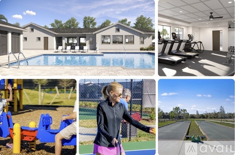 A collage of images showcasing a residential area with a swimming pool, fitness room, playground, and a road.