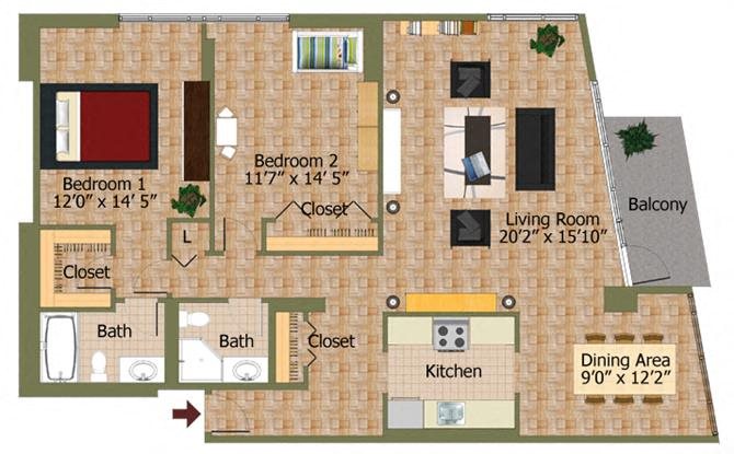 Two Bed 01 Floorplan Two Bed 01 Floorplan at Calvert House Apartments,Washington,DC