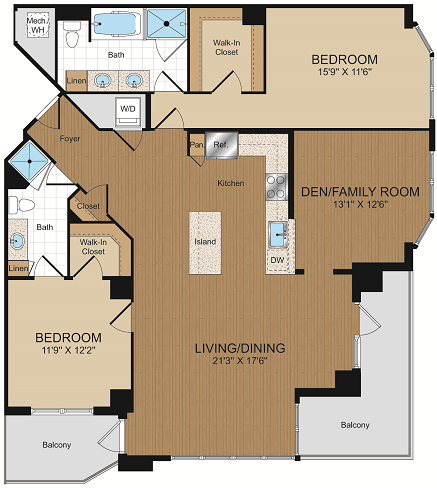 2 bed 2bath with den D1c-D1c1 Floorplan at Harrison at Reston Town Center