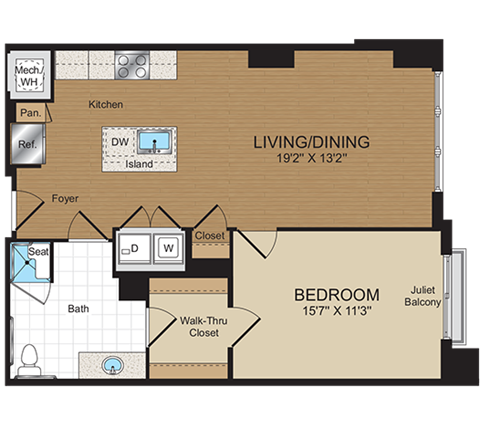 1 bed 1bath A1b-ANSI Floorplan at Harrison at Reston Town Center
