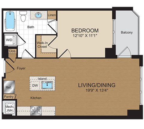 1 bed 1bath A1c Floorplan at Harrison at Reston Town Center