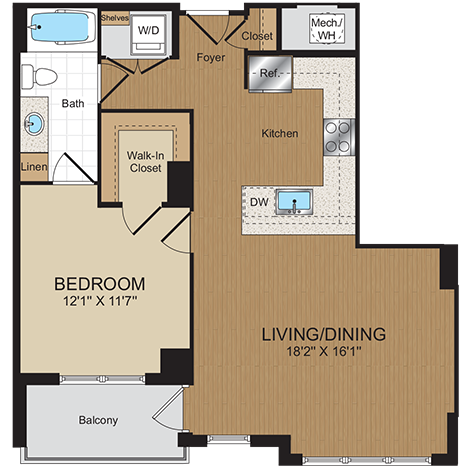 1 bed 1bath A2 Floorplan at Harrison at Reston Town Center