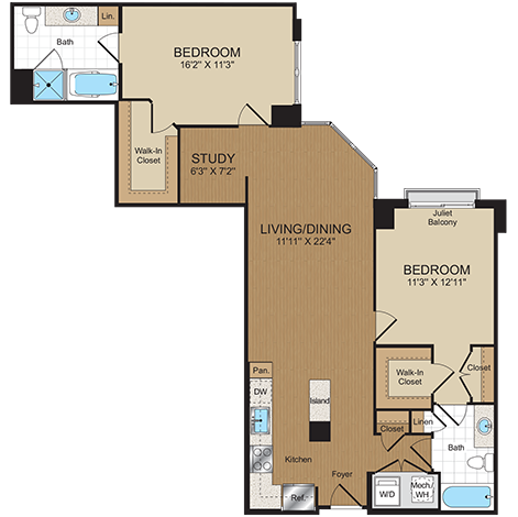 2 bed 2bath C5PH Floorplan at Harrison at Reston Town Center