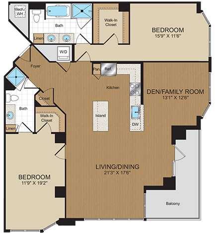 2 bed 2bath with den D1A Floorplan at Harrison at Reston Town Center