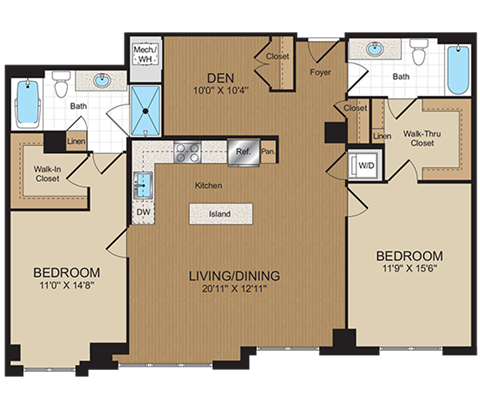 2 bed 2bath with den D3 Floorplan at Harrison at Reston Town Center