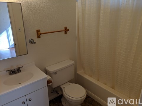 A bathroom with a toilet, sink, and shower curtain.