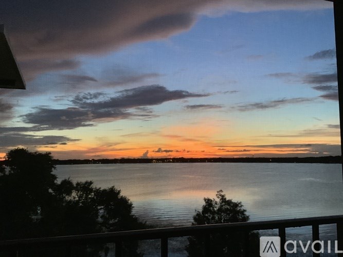 A sunset view from a balcony with trees and water.