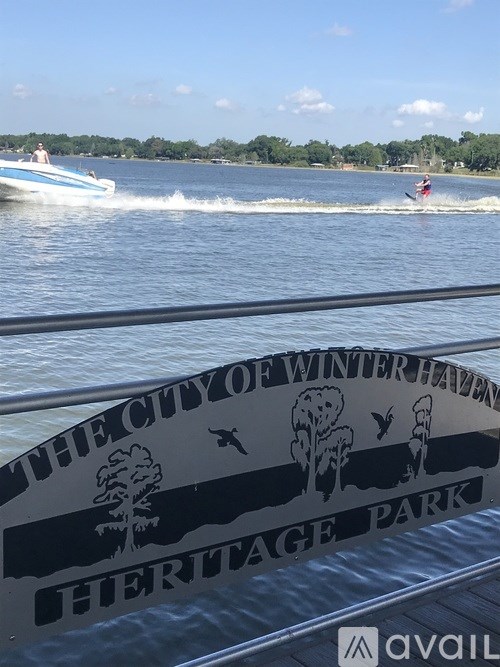 A boat with a sign that says Heritage Park.