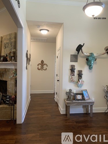 A hallway with a bench and a moose head mounted on the wall.