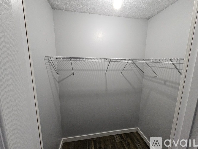 Empty white closet with shelves and a wooden floor.