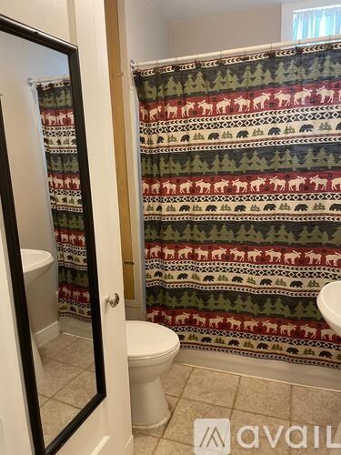 A bathroom with a toilet and a shower curtain with animals on it.