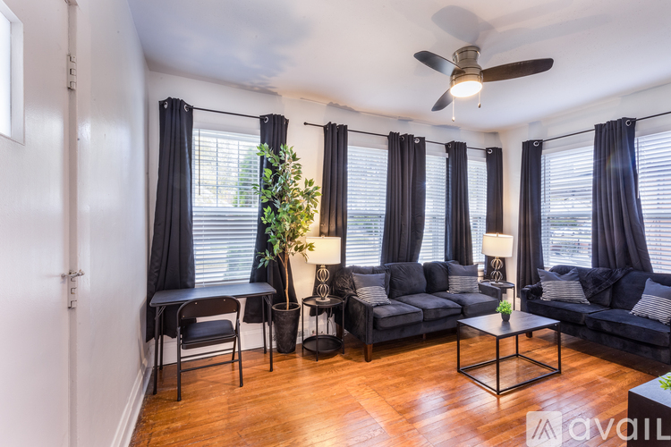 A living room with a black sofa, a table, a ceiling fan, and a plant.