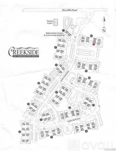 A map of the Creekside community with buildings and streets labeled.