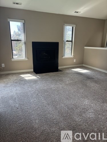 A living room with a black fireplace and two windows.