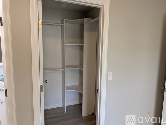 A white closet with shelves and a door open.