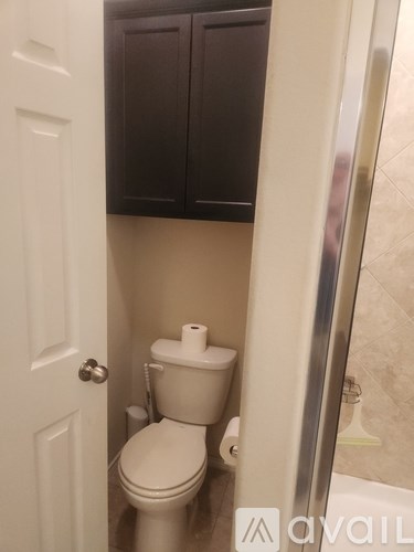 A white toilet in a small bathroom with a white door and brown cabinets.