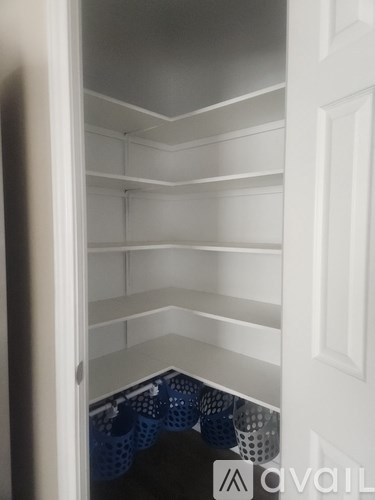 Empty white shelves in a pantry.