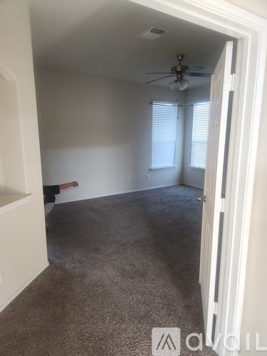 A room with a carpeted floor and a ceiling fan.