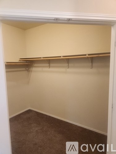Empty room with shelves and carpeted floor.
