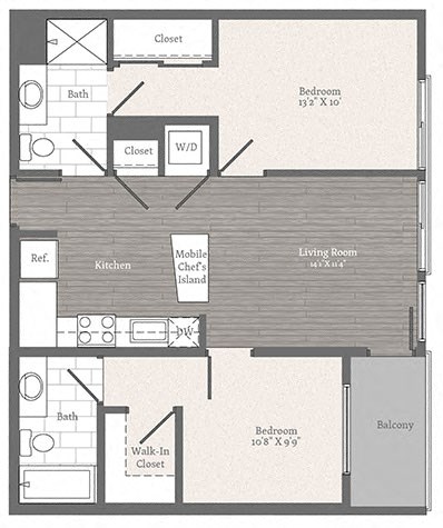 Calvert 2 BD 2 BA Floorplan at 2255 Wisconsin, Washington, 20007