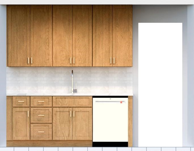 A kitchen with wooden cabinets and a white fridge.