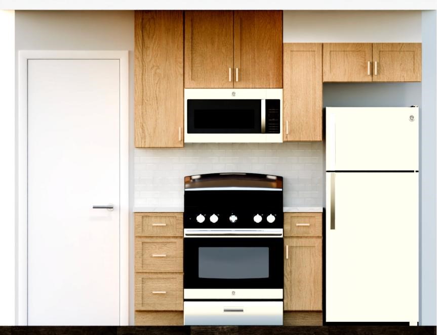 A modern kitchen with a white refrigerator, a black stove, and wooden cabinets.