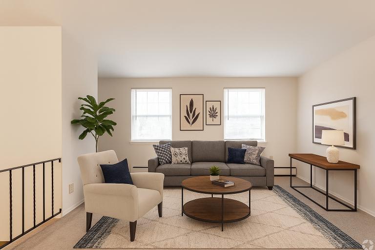 A living room with a grey couch, a white chair, a wooden coffee table, and a black railing.