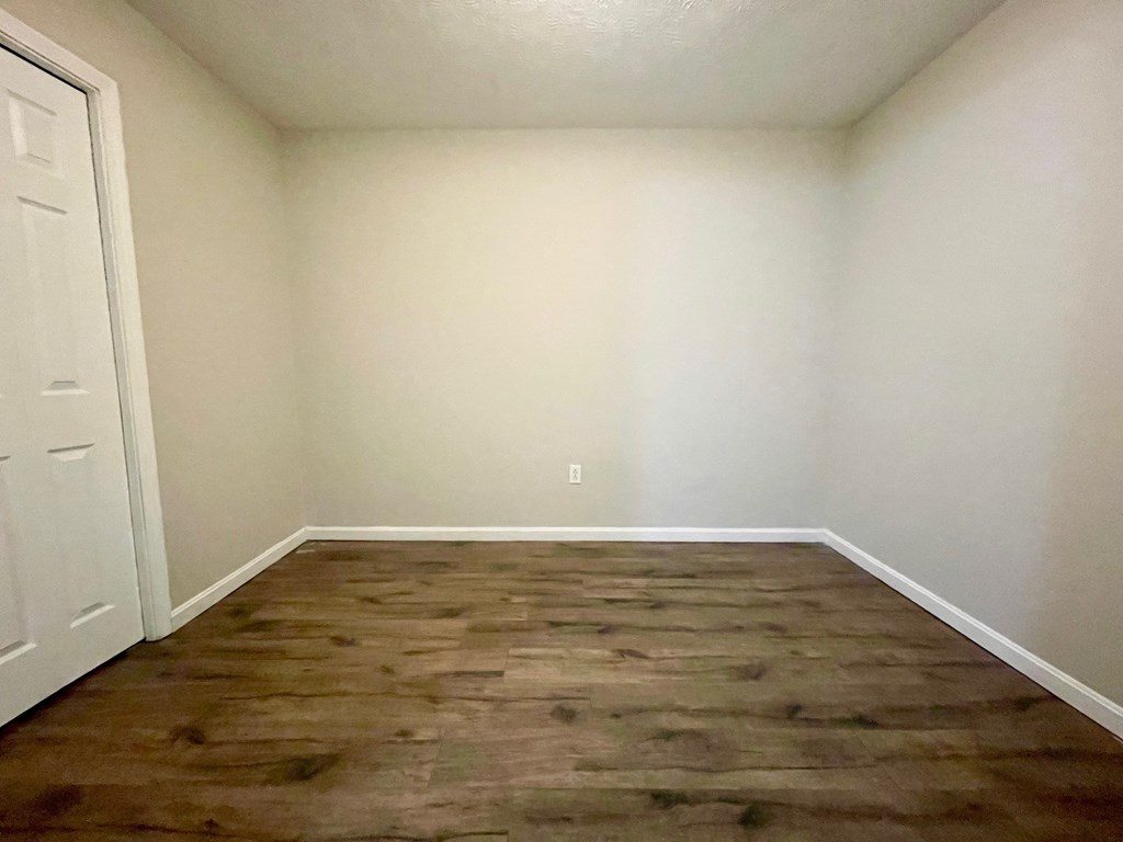A room with a wooden floor and a white door.