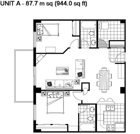 A black and white image of a floor plan for a unit measuring 87.7 square meters or 944 square feet.