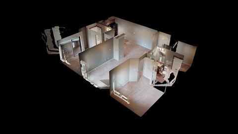 A 3D rendered image of a modern house interior.