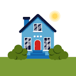 A blue house with a red door and windows surrounded by green bushes.