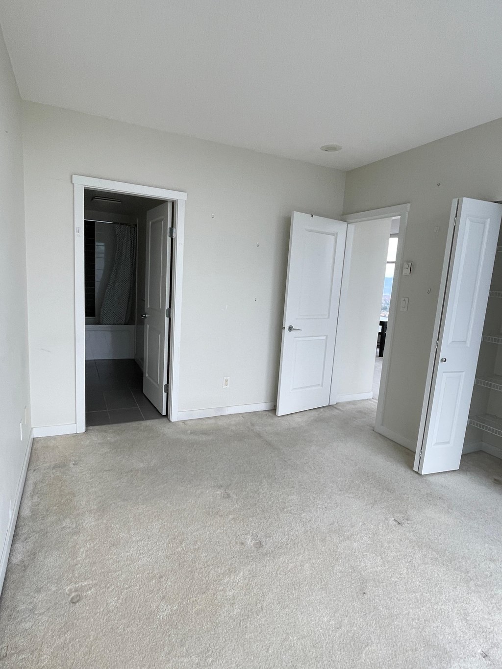 A room with a carpeted floor and white walls, with one door open and another closed.