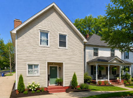 A house with a green door and a porch.