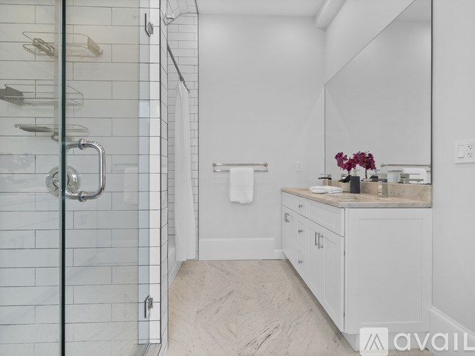 A bathroom with a walk-in shower and a vanity with a mirror.