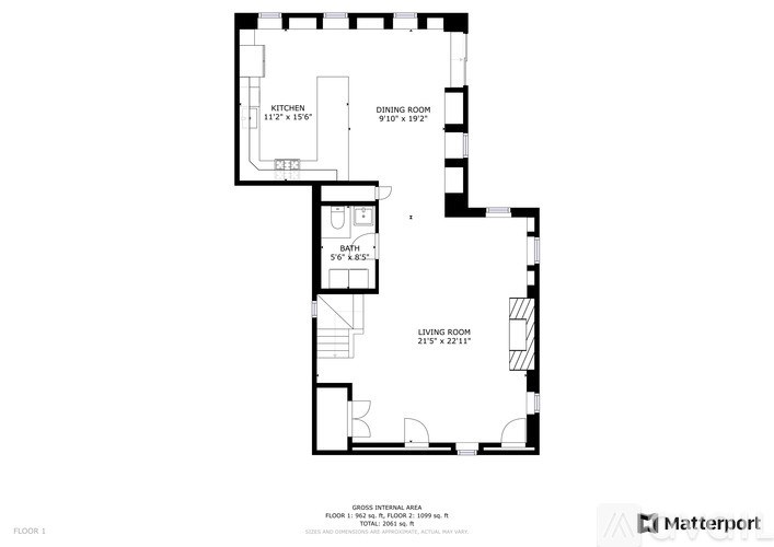 A floor plan for a home with a living room, dining room, and kitchen.