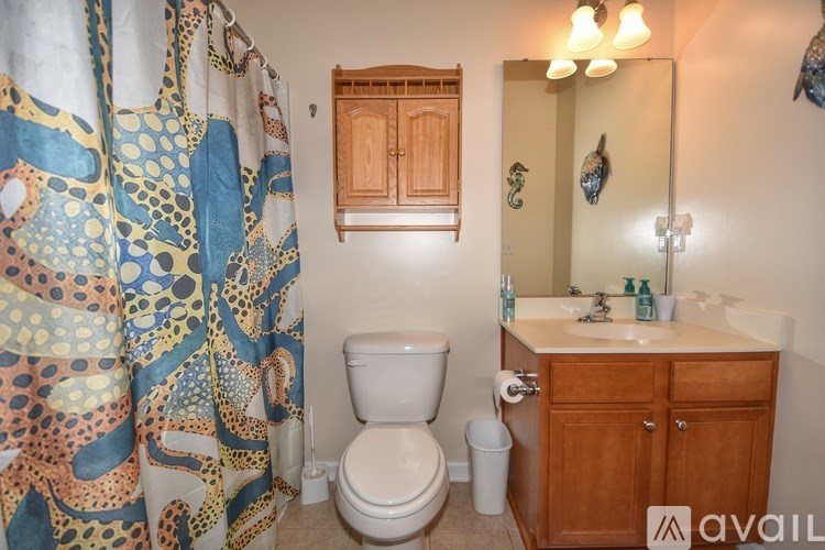 A bathroom with a toilet, sink, and shower curtain.