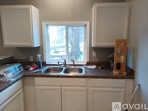 A kitchen with a sink and a window.