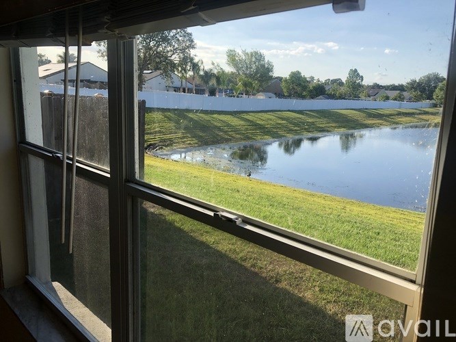 A view from a window looking out to a pond and houses.