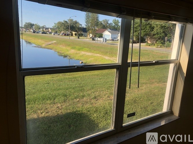 A view from a window looking out at a grassy field and a body of water.