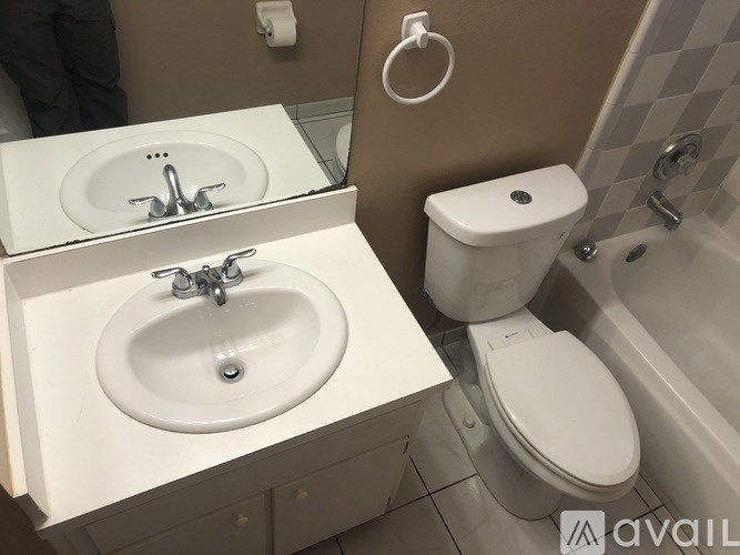 A bathroom with a toilet, sink, and mirror.