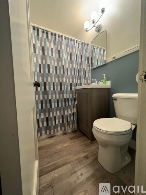 A bathroom with a toilet, a shower curtain, and a mirror.