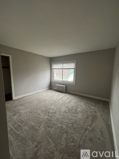 A carpeted room with a window and a radiator.