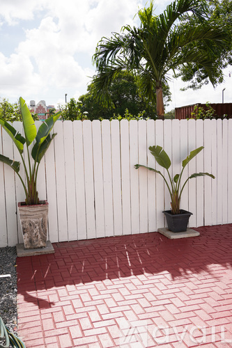Two potted plants sit on a red brick patio.